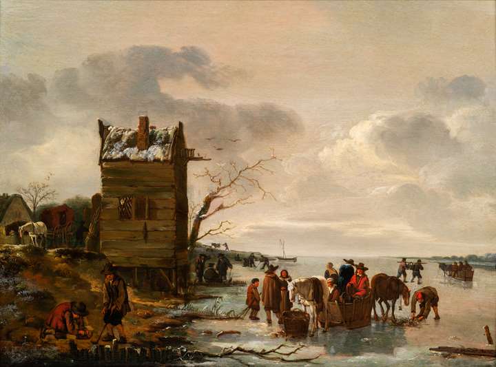 A Winter Landscape with townsfolk on the ice.